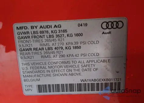 2019 Audi E-Tron Premium Plus from USA, damaged, VIN WA1VABGEXKB011721